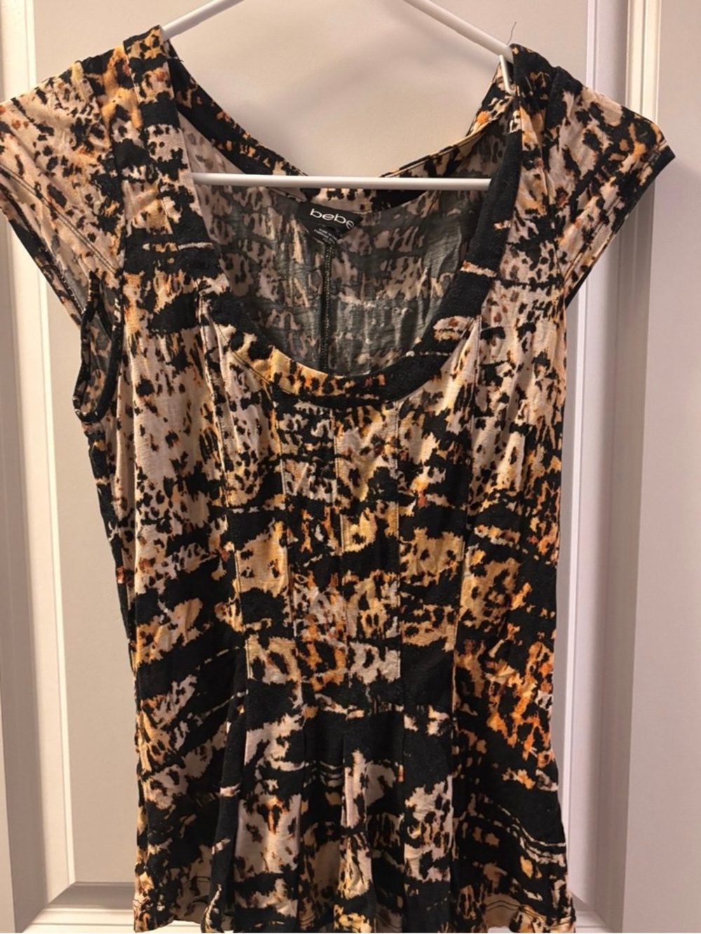bebe Animal-Print Cap Sleeve Top in Black, Tan & Cream